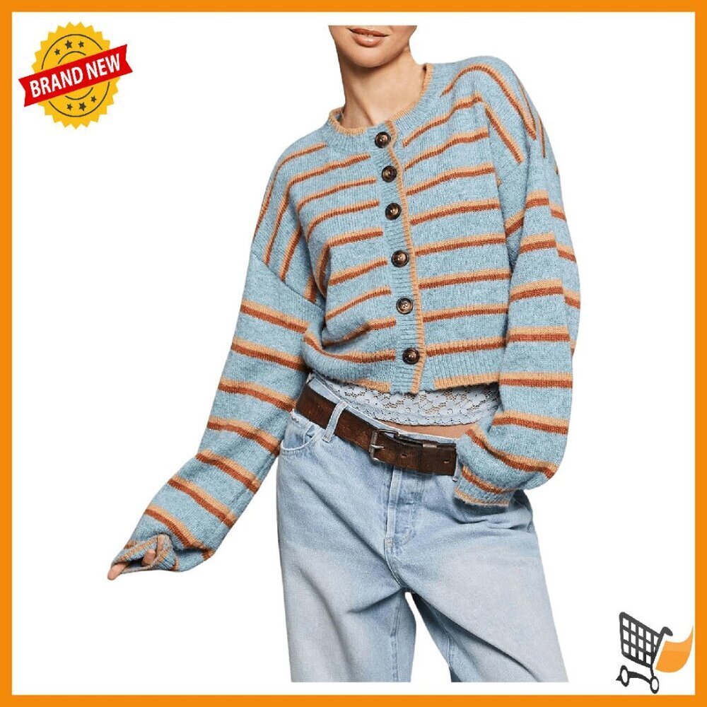 Striped Button Crop Cardigan Knit Long Sleeve Loose Fit